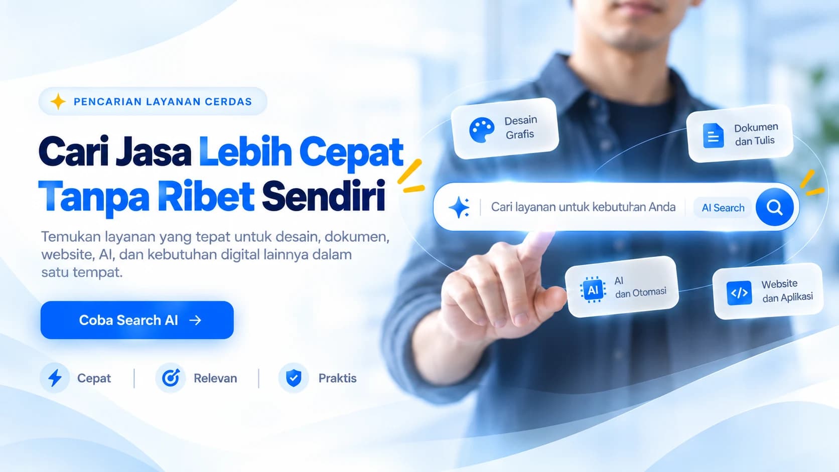 Cari jasa lebih cepat tanpa ribet — temukan layanan desain, dokumen, website, dan AI dalam satu tempat.