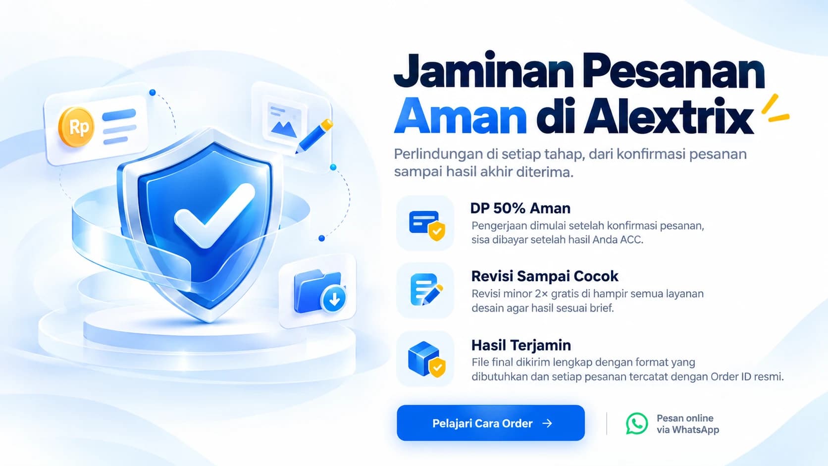 Jaminan Pesanan Aman di ALEXTRIX — DP 50% aman, revisi sampai cocok, hasil terjamin dengan Order ID resmi.