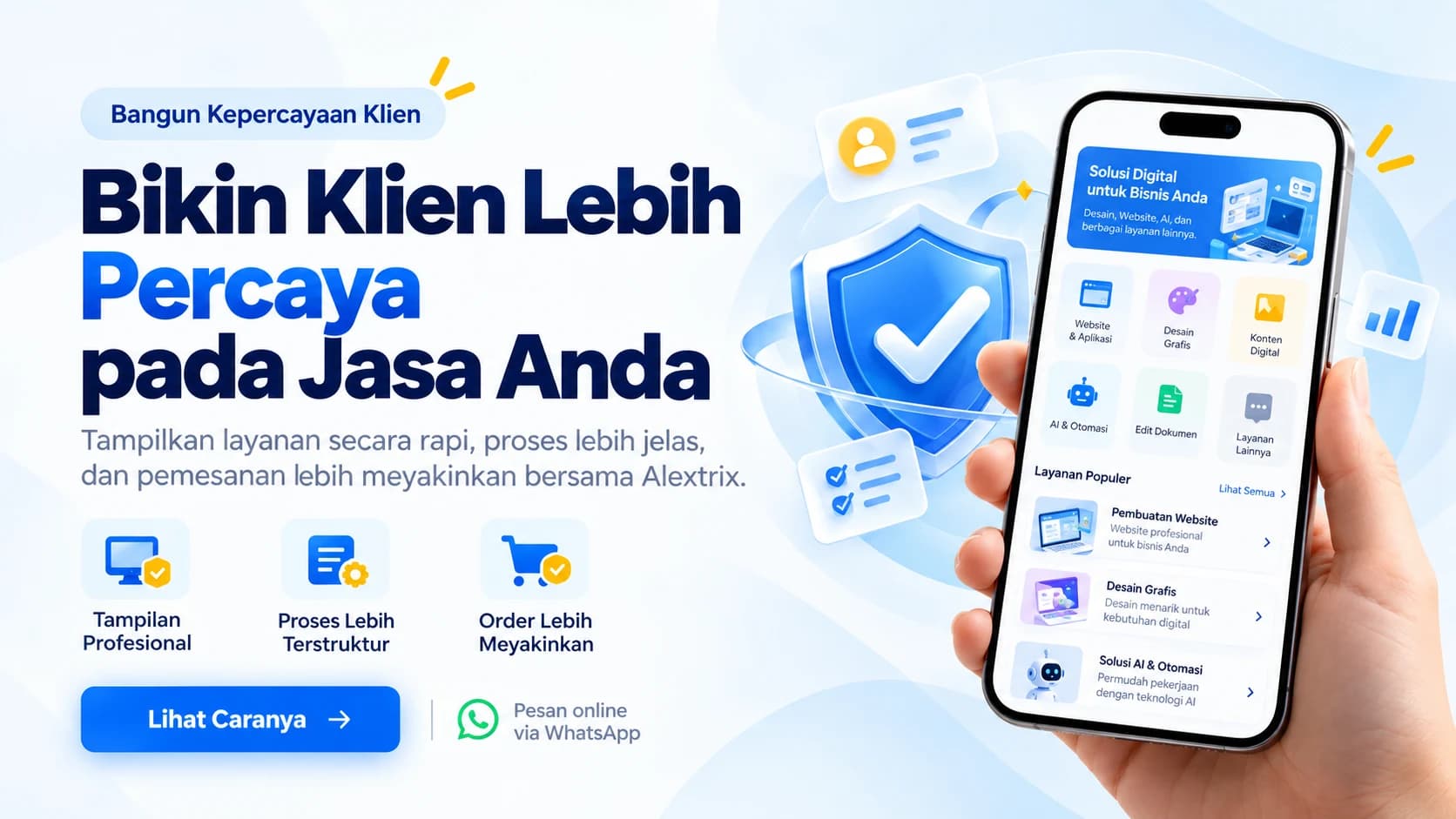 Tampilan profesional & proses terstruktur — pemesanan layanan lebih meyakinkan bersama ALEXTRIX.