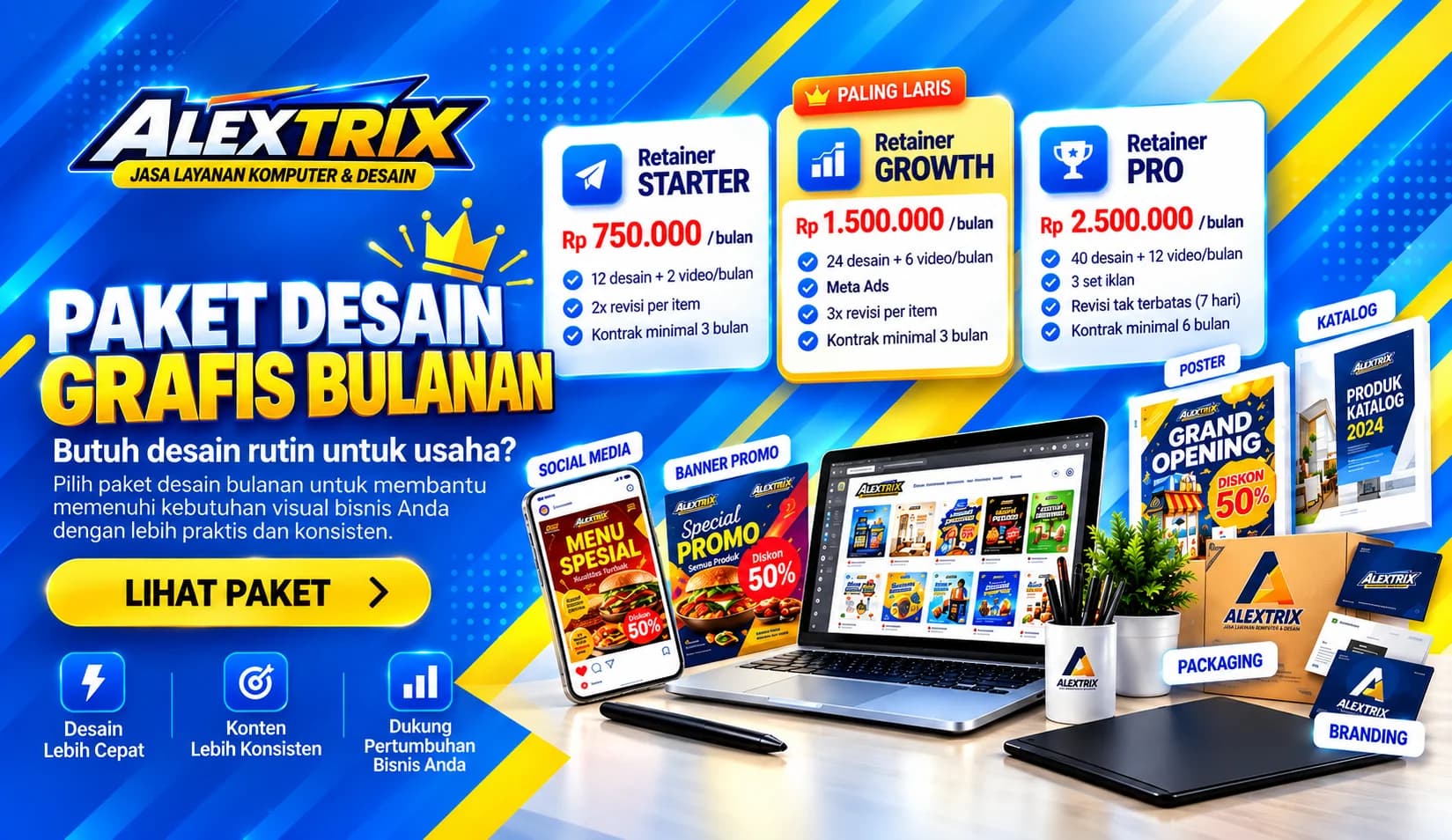 Paket desain grafis bulanan ALEXTRIX — Retainer Starter, Growth, dan Pro untuk kebutuhan desain rutin usaha.